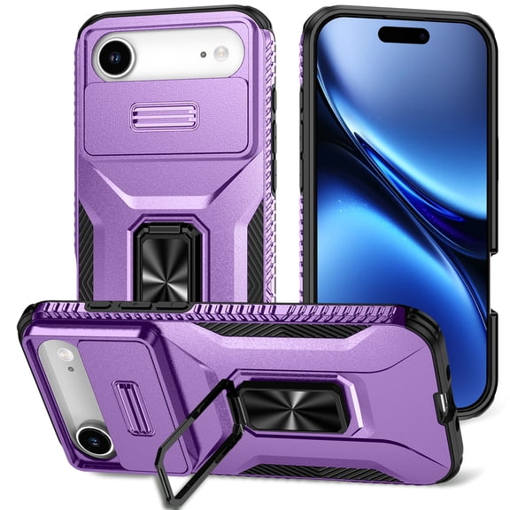 Phone Case for iPhone Air Case with Sliding Camera Cover, with 360° + 100° Free Rotation Metal Finger Ring Bracket, Fit Magnet Car Mount, 2 In 1 Case Cover for iPhone Air, Purple