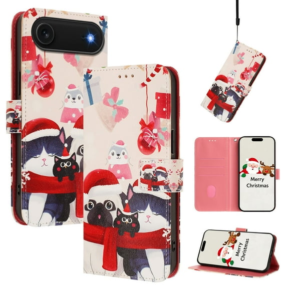 Phone Case for iPhone Air, Luxury Christmas Pattern Card Slots Cash Pocket Magnetic Clasp Full Body Protection Shockproof Kickstand Wallet Flip Case with Wrist Strap for iPhone Air, E