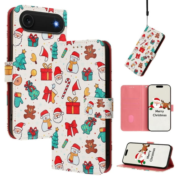 Phone Case for iPhone Air, Luxury Christmas Pattern Card Slots Cash Pocket Magnetic Clasp Full Body Protection Shockproof Kickstand Wallet Flip Case with Wrist Strap for iPhone Air, A