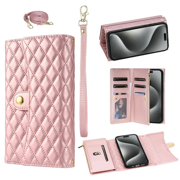 Phone Case for iPhone Air Wallet Cover with Crossbody Strap and Wrist Strap, Card Slots Stand PU Leather Flip Magnetic Buckle Zipper Pocket for iPhone Air Case Women Girls, Rosegold