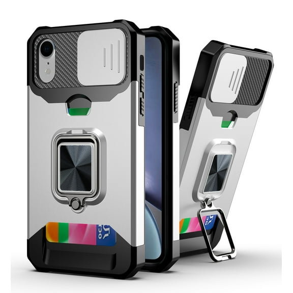 Phone Case for iPhone SE (2nd Generation)/8/7(4.7 Inch) - Sliding Cover for Camera, Silicone/Plastic Protective Composite Case, Shockproof Rugged Cover with Kickstand /Card Holder (Silver)