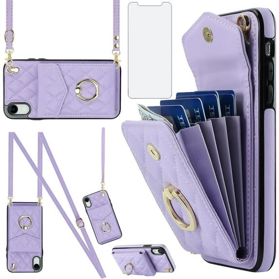 Phone Case for iPhone XR 6.1 Wallet Cover with Tempered Glass Screen Protector and Ring RFID Blocking Card Holder TPU Cell iPhoneXR iPhone10R i Phonex 10XR 10R RX CR iPhoneXRcases Women Purple