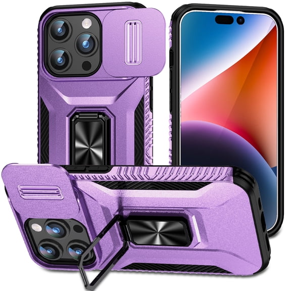 Phone Case for iPhone XR Case with Sliding Camera Cover, with 360° + 100° Free Rotation Metal Finger Ring Bracket, Fit Magnet Car Mount, 2 In 1 Case Cover for iPhone XR, Purple