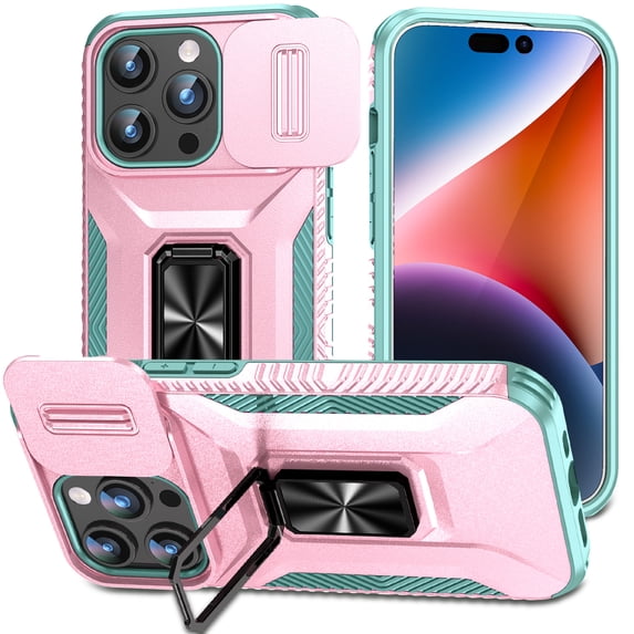 Phone Case for iPhone XR Case with Sliding Camera Cover, with 360° + 100° Free Rotation Metal Finger Ring Bracket, Fit Magnet Car Mount, 2 In 1 Case Cover for iPhone XR, Rosegold