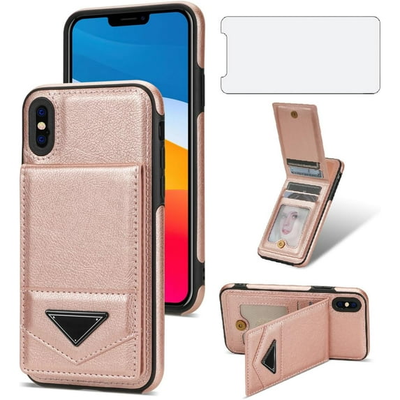 Phone Case for iPhone Xs Max Wallet Cover with Tempered Glass Screen Protector RFID Slim Credit Card Holder Slot Stand Cell i X XR Xsmax 10x SX Xmax 10xs 10s 10 Plus Xmaxs Women Men Rose Gold
