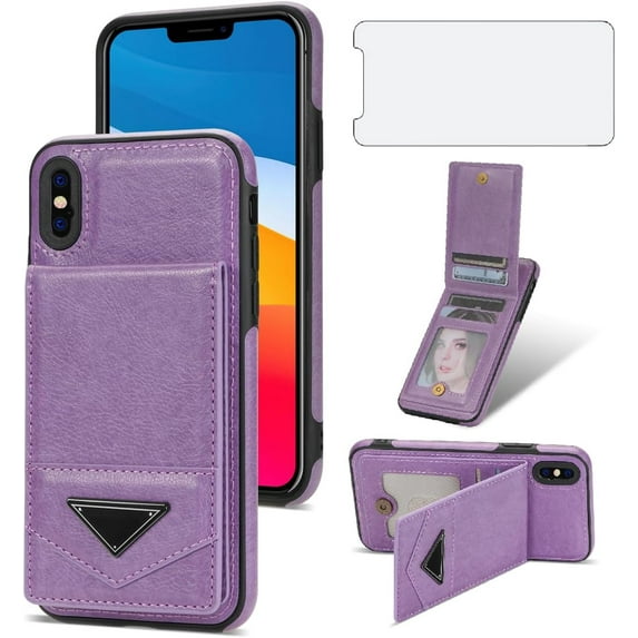Phone Case for iPhone Xs Max Wallet Cover with Tempered Glass Screen Protector and RFID Slim Credit Card Holder Slot Stand Cell i X XR Xsmax 10x SX Xmax 10xs 10s 10 Plus Xmaxs Women Men Purple