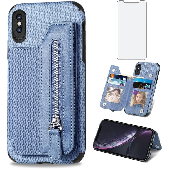 Phone Case for iPhone Xs Max Wallet Cover with Tempered Glass Screen Protector and Zipper Credit Card Holder Stand Leather Cell i X XR Xsmax 10x SX Xmax 10xs 10s 10 Plus Xmaxs Women Men Blue