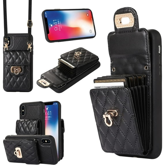 Phone Case for iPhone Xs X 10 10s Wallet Cover with Credit Card Holder Shoulder Crossbody Strap Long Lanyard Leather Cell Accessories iPhoneX iPhoneXs iPhone10 i PhoneX SX 10x 10xs X’s Women Men Black