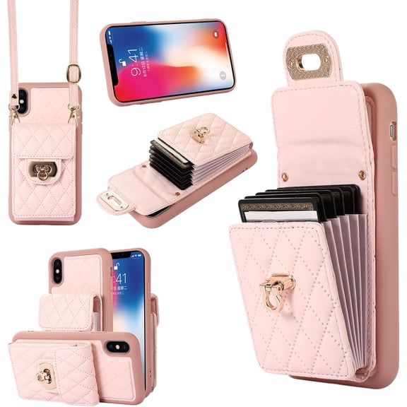 Phone Case for iPhone Xs X 10 10s Wallet Cover with Credit Card Holder Shoulder Crossbody Strap Long Lanyard Leather Cell Accessories iPhoneX iPhoneXs iPhone10 i PhoneX SX 10x 10xs X’s Women Men Pink