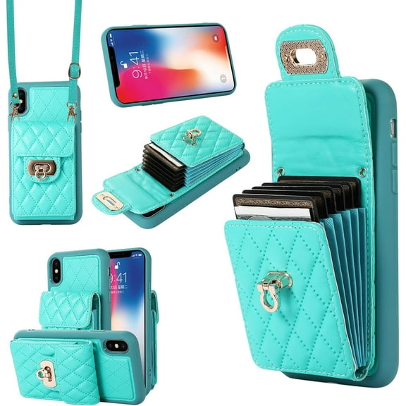 Phone Case for iPhone Xs X 10 10s Wallet Cover with Credit Card Holder Shoulder Crossbody Strap Long Lanyard Leather Cell Accessories iPhoneX iPhoneXs iPhone10 i PhoneX SX 10x 10xs X’s Women Men Green
