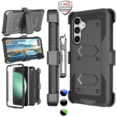 Phone Cases for Samsung Galaxy S23 FE 5G 6.4", [Buit-in Temerped Glass Screen Protector] Combo Holster Belt Clip [Heavy Duty] [Kickstand] Full-Body Rugged Holster Case(Black)