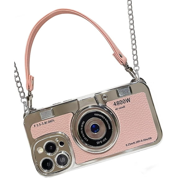 Phone Cases for iPhone 13 Pro Max, Cute Camera Design, 3D Vintage Camera Cover Phone Case with Wrist Strap & Long Lanyard (Pink, iPhone 13 Pro Max)