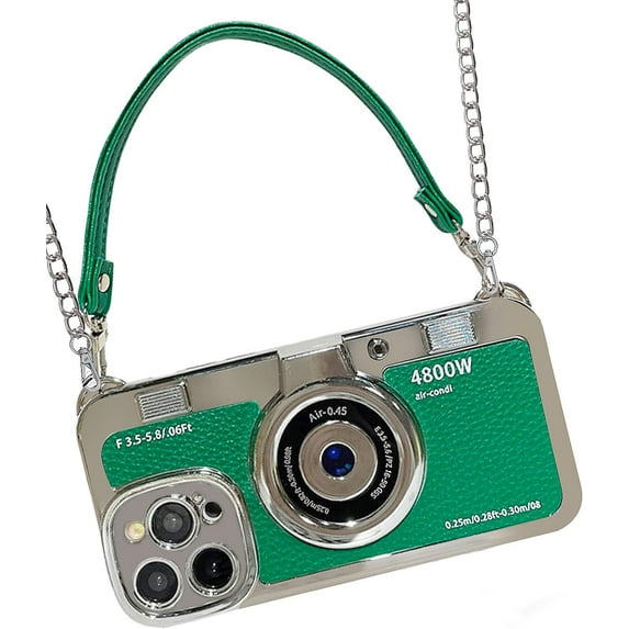Phone Cases for iPhone 14 Pro, Cute Camera Design, 3D Vintage Camera Cover Phone Case with Wrist Strap & Long Lanyard (Green, iPhone 14 Pro)