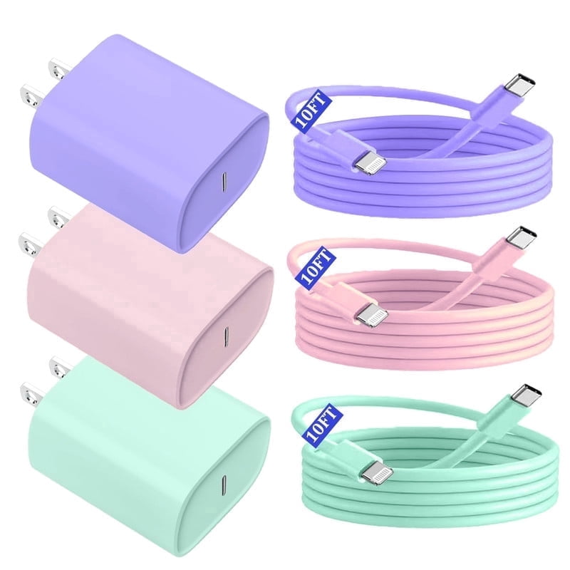 Phone Charger Fast Charging 10FT, 3Pack 20W PD USB C Block , Compatible with Phone 14 Pro 13 Pro Max 12 11 Pro Mini,pink,purple,green