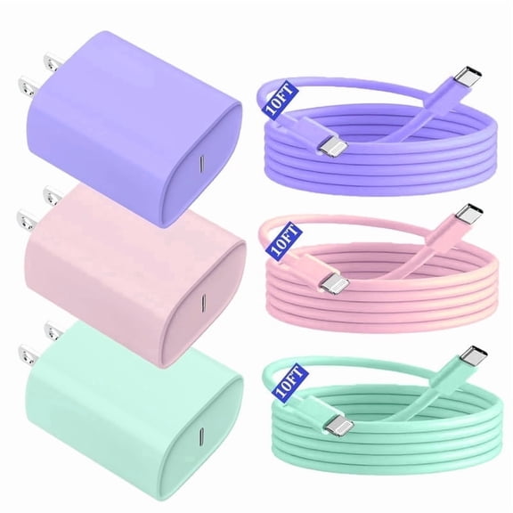 Phone Charger Fast Charging 10FT, 3Pack 20W PD USB C Block , Compatible with Phone 14 Pro 13 Pro Max 12 11 Pro Mini,pink,purple,green