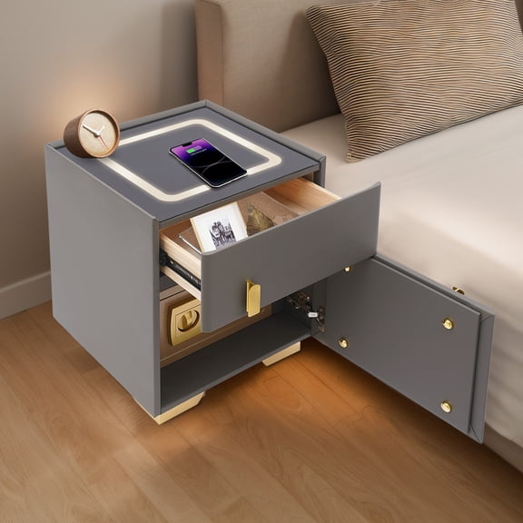 Phone Charging Bedside Cabinet, Dark Grey Bedside Table w/ Safe+Combination Lock 16*16*20in for Offices, Homes