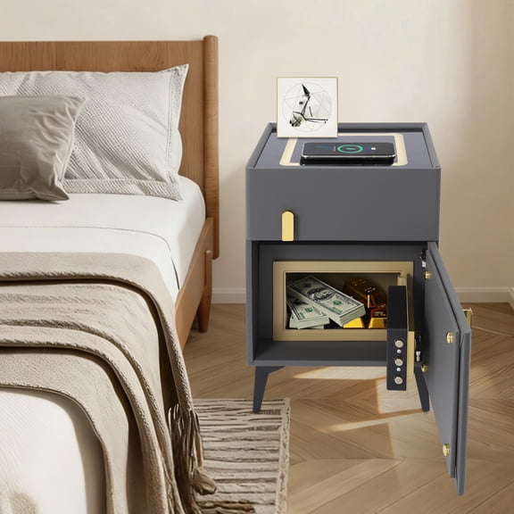 Phone Charging Bedside Cabinet, Grey, Bedside Table with Safe+Combination Lock