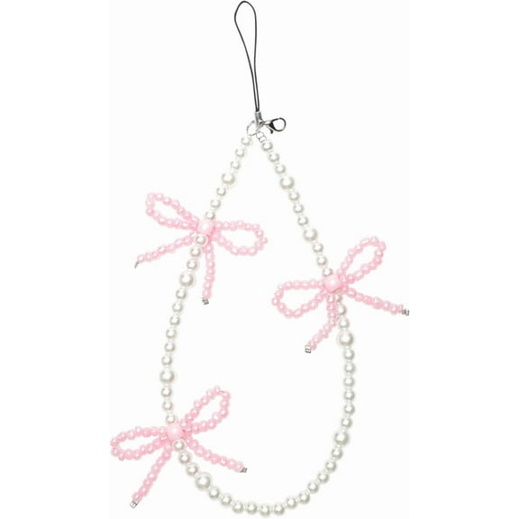 Phone Charm Cute Pearl Beaded Pink Bowknot Chain Aesthetic Universal Cell Phone Lanyard Wrist Strap Accessories for Bag Airpods Camera Pendants Decor-Pink