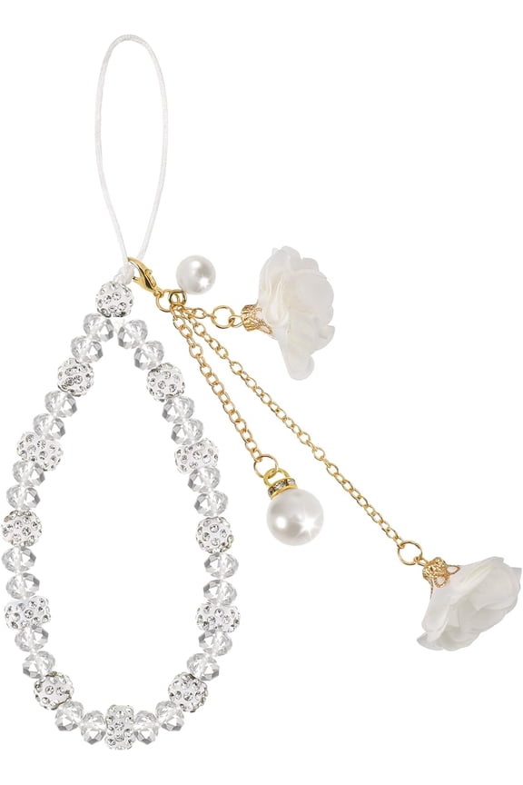 Phone Charm String Phone Chain Strap Cute Keychains Beaded Phone Strap Cell Phone Charms Beaded Lanyard Kawaii Creative Crystal Flower PendantWhite