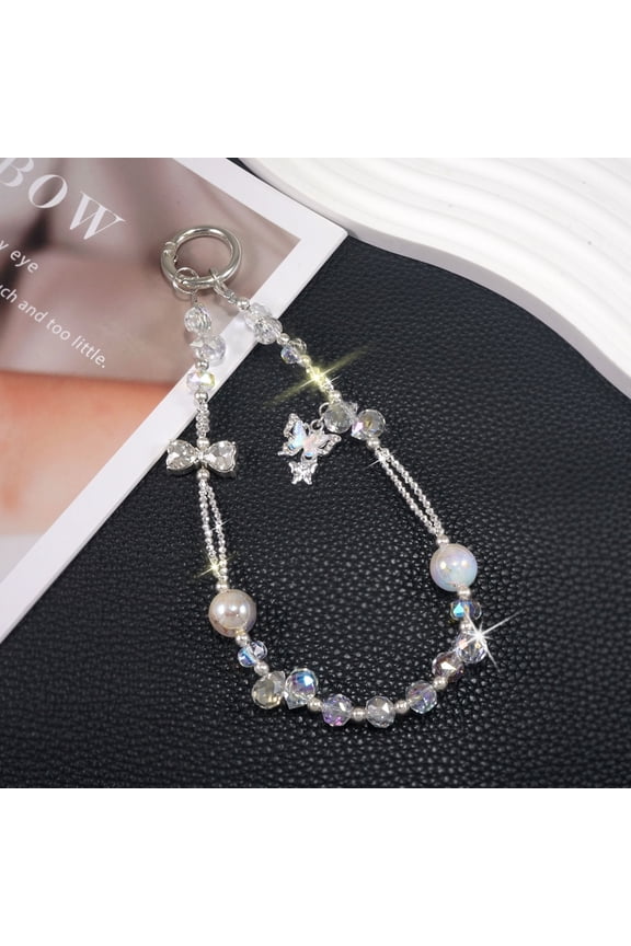 Phone Charms Strap Cute Beaded Crystal Bracelet Wrist Lanyard Detachable Anti Theft Phone Key Chain Butterfly Cellphone Case Accessories for Women,for iPhone,Samsung,Google,Motorola,Purse&Keys,White