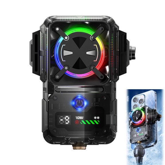 Phone Cooler, Universal Phone Cooling Fan with Configure Nut Holes, Compatible with 64 to 84 mm Width Phones for Gaming and Live Streaming, RGB Backlight and Temp Display