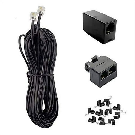 Phone Cord 25FT, Landline Telephone Cable with RJ11 Plug, Includes Telephone Inline Coupler RJ11 Splitter and 10pcs Cable Clips(Black)