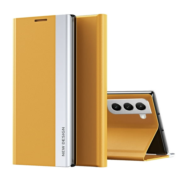 Phone Cover Compatible with Samsung Galaxy S23 FE Magnetic Plating Leather Flip Case + PC Smart Full Body Protective Shell Stand Holder Cover Compatible with Samsung Galaxy S23 FE,Yellow