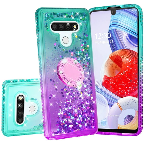 Phone Cover Compatible for LG Stylo 6 Case Liquid Floating Quicksand with Diamond Ring Stand for Magnetic Car Mount and Lanyard - Purple on Teal