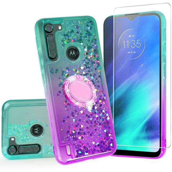Phone Cover Compatible for Moto One Fusion Case Liquid Floating Quicksand with Diamond Ring Stand for Magnetic Car Mount and Lanyard - Purple on Teal
