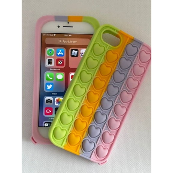 Phone Cover Silicone with Push Bubble Pop Fidget Case Compatible with iPhone X/XS (5.8") Hearts Striped