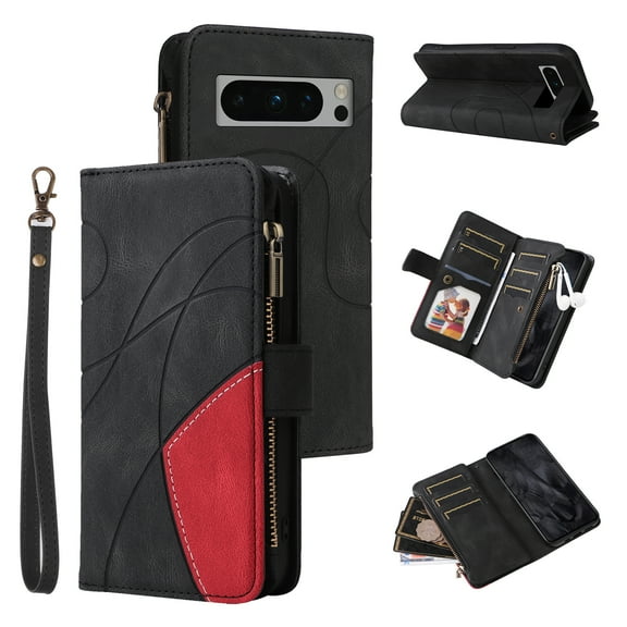 Phone Cover for Google Pixel 8 Pro, Shockproof Purse 2 Color Assorted 9 Card Slots with Zipper Storage Handbag Case for Google Pixel 8 Pro
