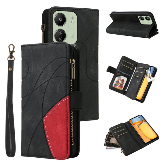 Phone Cover for Poco C65, Shockproof Purse 2 Color Assorted 9 Card Slots with Zipper Storage Handbag Case for Poco C65