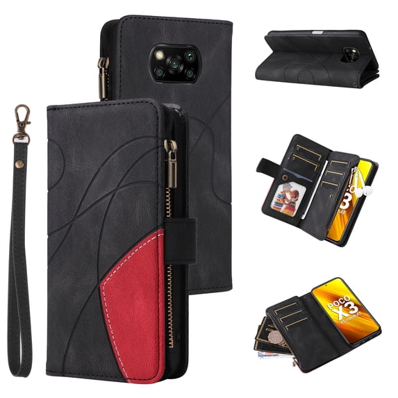 Phone Cover for Poco X3 Pro 4G LTE, Shockproof Purse 2 Color Assorted 9 Card Slots with Zipper Storage Handbag Case for Poco X3 Pro 4G LTE