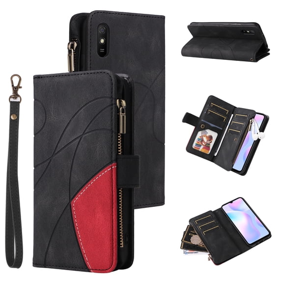 Phone Cover for Xiaomi Redmi 9AT, Shockproof Purse 2 Color Assorted 9 Card Slots with Zipper Storage Handbag Case for Xiaomi Redmi 9AT