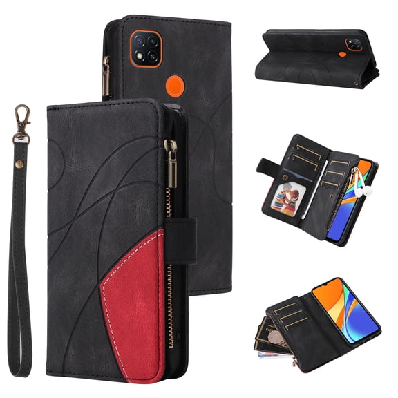 Phone Cover for Xiaomi Redmi 9C NFC, Shockproof Purse 2 Color Assorted 9 Card Slots with Zipper Storage Handbag Case for Xiaomi Redmi 9C NFC