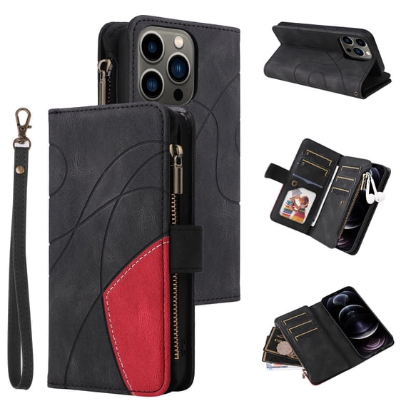 Phone Cover for iPhone 12 Pro, Shockproof Purse 2 Color Assorted 9 Card Slots with Zipper Storage Handbag Case for iPhone 12 Pro