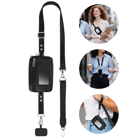 Phone Crossbody Lanyard with RFID Wallet, TSV Clip and Go Strap Crossbody Lanyard & Detachable Wallet with ID Window for Smartphone, Black