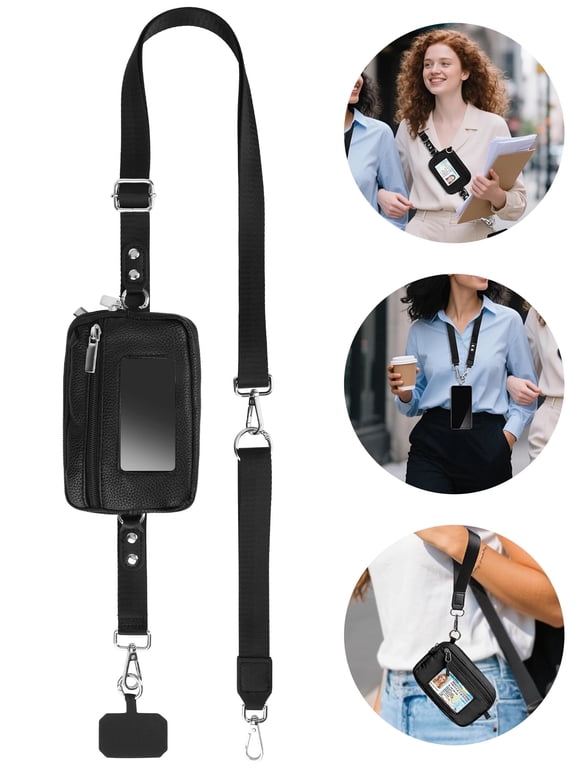 Phone Crossbody Lanyard with RFID Wallet, TSV Clip and Go Strap Crossbody Lanyard & Detachable Wallet with ID Window for Smartphone, Black