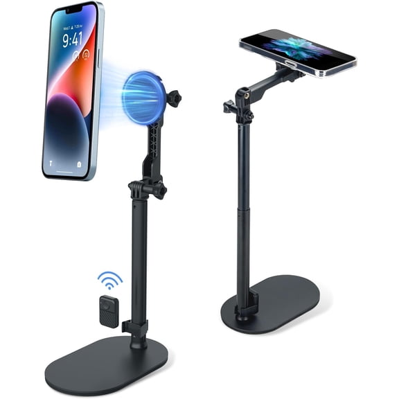 Phone Desk Stand Compatible with MagSafe for  17 16 15 14 13 12 Pro Max Plus, MagSafe Case &  Smartphones, Height & Angle Adjustable  Stand with Remote Control