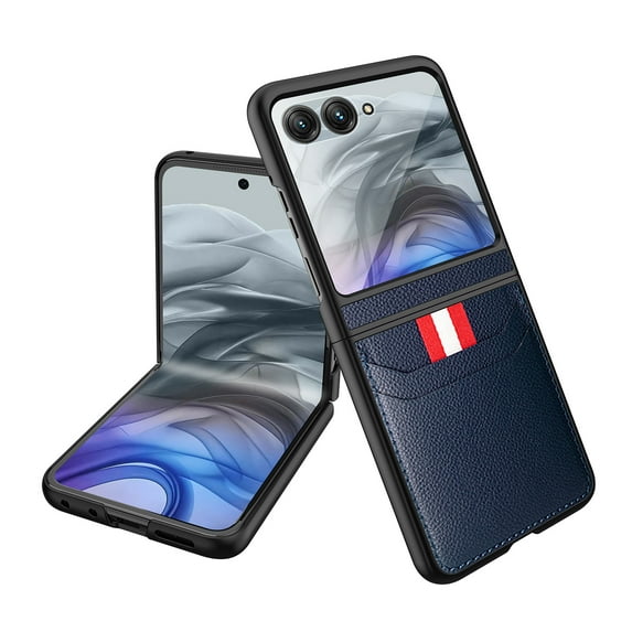 Phone Flip Case for Motorola Razr 60 / Motorola Razr 2025 Case with Card Slot, Built-in Tempered Glass Screen Protector Premium PU Leather Slim Case Hard PC Bumper Protective Case, Blue