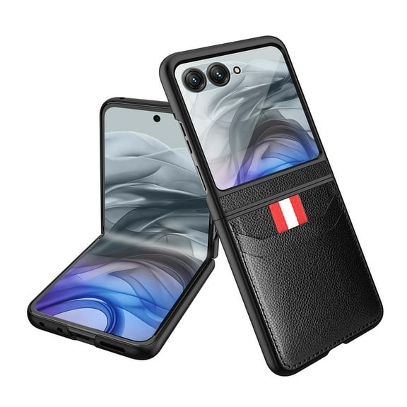 Phone Flip Case for Motorola Razr 60 / Motorola Razr 2025 Case with Card Slot, Built-in Tempered Glass Screen Protector Premium PU Leather Slim Case Hard PC Bumper Protective Case, Black
