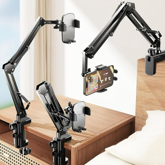 Phone Holder for Bed Desk [3rd Upgrade] Cell Phone Stand for Desk Bed iPhone Holder Laying Down,Flexible Arm Clamp Clip Phone Mount Stand for Filming Fits iPhone 15 Max,Silver