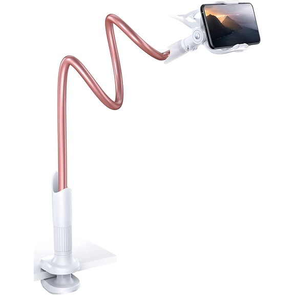 Phone Holder Bed Gooseneck Mount - Cell Phone Clamp Clip for Desk, Flexible Lazy Long Arm Headboard Bedside, Overhead Mount Stand, for 4-7" Phone, iPhone 15 Pro Max, 14 Plus, 13, Rose Gold