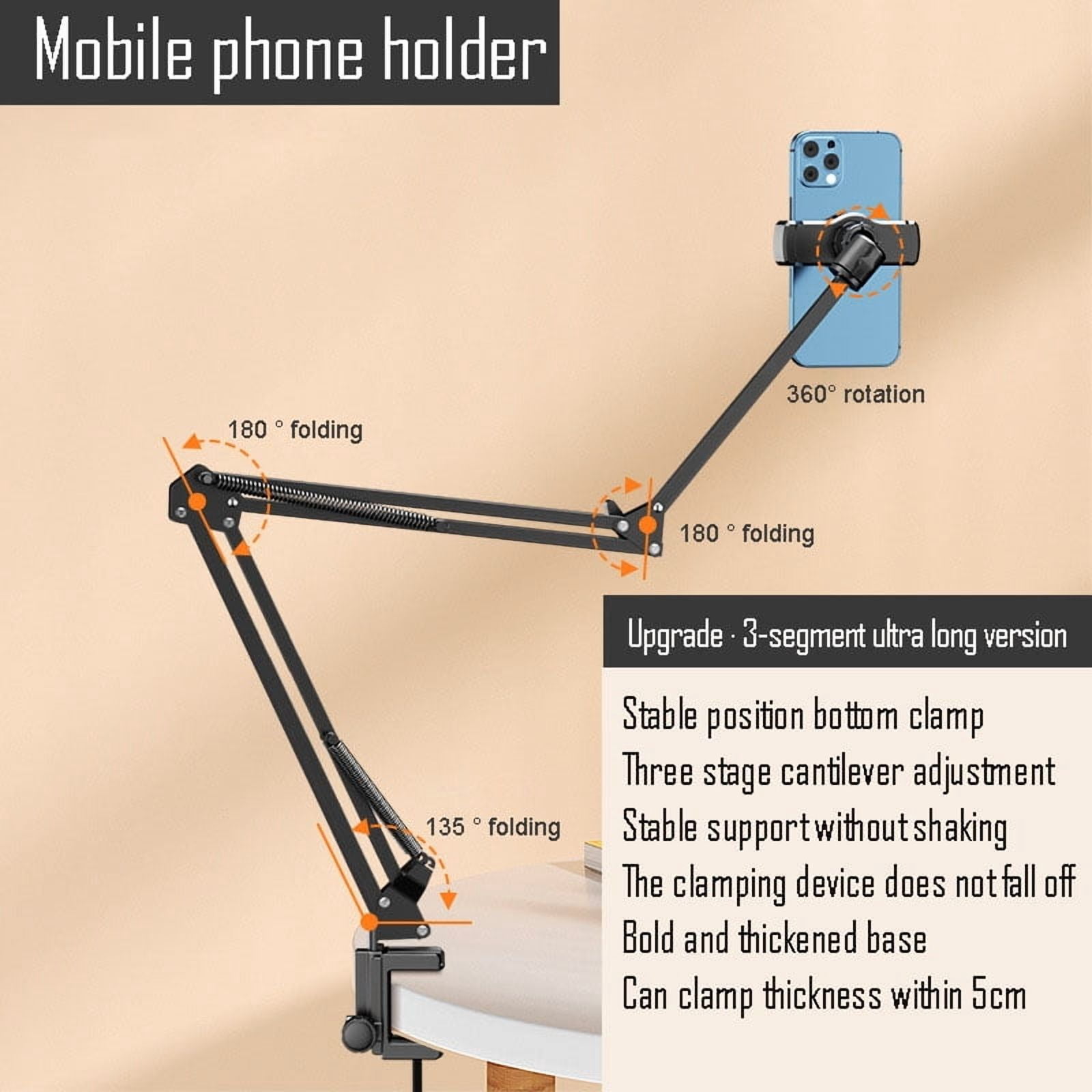 Phone Holder for Desk, Phone Holder for Bed with Adjustable Clamp Clip, Flexible Phone Stand Lazy Bracket Mount Long Arms Clamp for iPhone, Samsung, Google Pixel, Moto,Mobile phone-specific