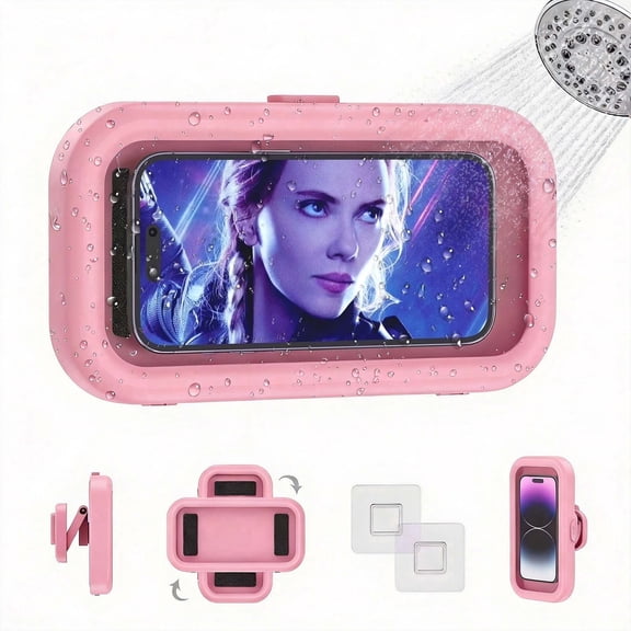 Phone Holder for Shower, Waterproof 360°Rotation Shower Phone Holder with Touchable Screen Phone Case for Shower Bathroom Bathtub Kitchen for iPhone 17 16 15 14 13 12 Samsung Google up to 7", Pink