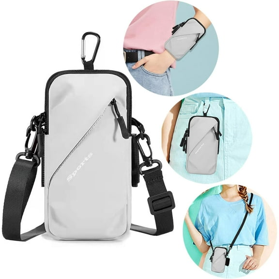 Phone Holder, Small Crossbody Shoulder Holsters Bag with Arm Band, Fits iPhone and Android, Use for Running, Walking, Hiking & Biking (6.7 Inches, Grayish White)