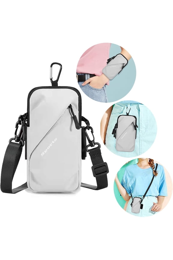 Phone Holder, Small Crossbody Shoulder Holsters Bag with Arm Band, Fits iPhone and Android, Use for Running, Walking, Hiking & Biking (6.7 Inches, Grayish White)