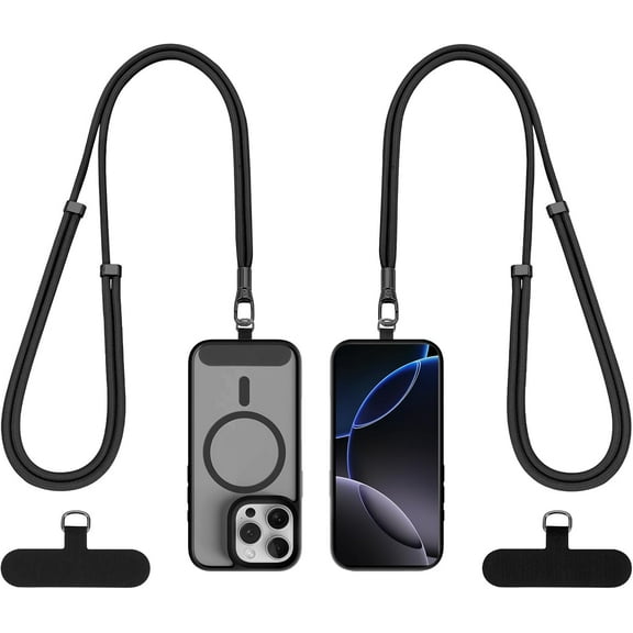 Phone Lanyard 2 Pack, 2x Adjustable Crossbody Phone Strap, 2x Tether Tab, Anti-theft Universal Cellphone Multifuctional Patch Lanyards for iPhone & Most Smartphones, Black+Black