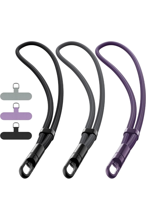 Phone Lanyard, 3 Pack Adjustable Phone Wrist Strap Chain with Tether Tabs, 360Rotating Wristlet Keychain Strap without Tangles for Cellphone Case Keys Women Men, Black, Dark Gray, Dark Purple