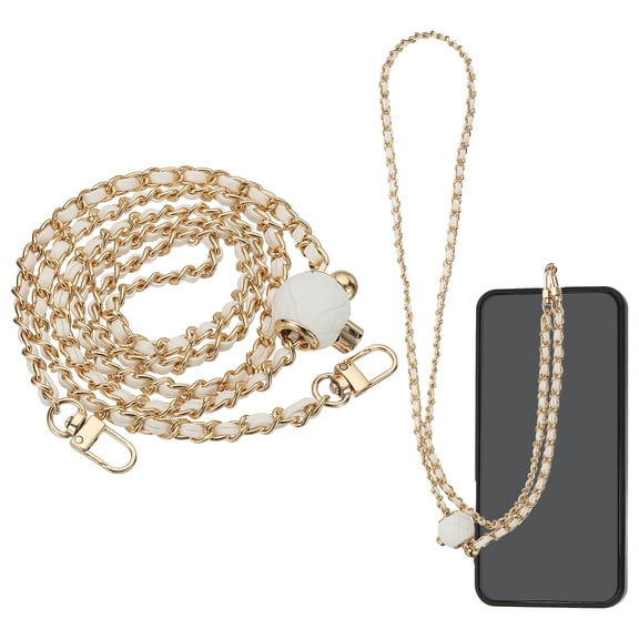 Phone Lanyard, 47 Inch Adjustable Crossbody Cellphone Gold Chain with Tether Tab, Anti-Theft Metal Pearl Neck Strap for Smartphones, White